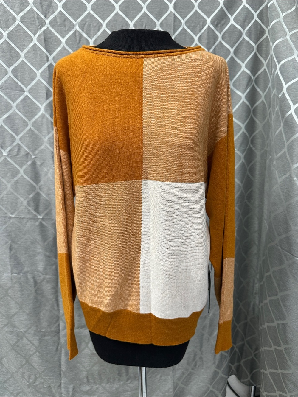 Tahari Mustard, Cream & Tan Colorblock Crewneck Sweater